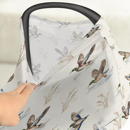 Wild Ducks Mallards Baby Car Seat Covers Vintage Duck Hunting Stretchy 5-in-1 Cover Adjustable Car Canopy Breastfeeding Cover Retro Duck Leaves Pond Breathable Nursing Cover-Up
