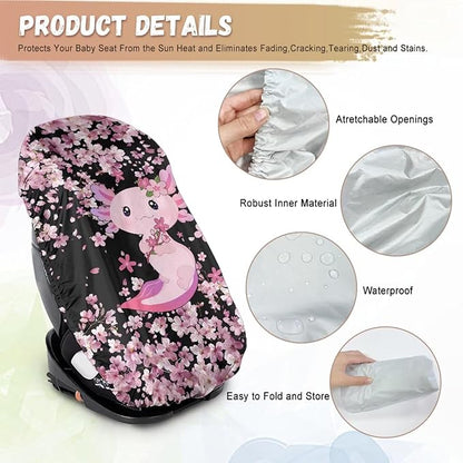 Axolotl Car Seat Cover for Baby Carseat, Cherry Blossom Car Seat Sun Shade Cover, Easy to Install, Sun Protection Reflector UV Ray Helpers