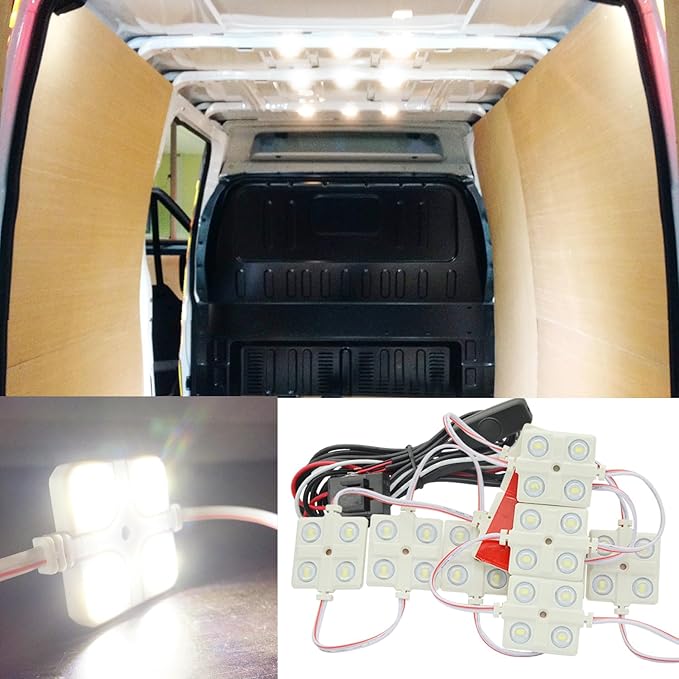 Ampper 12V 40 LEDs Interior Van Light Kits, LED Ceiling Lights with Simplified Harness Switch Fuse for Van RV Boats Caravans Trailers and More (10 Modules, White)