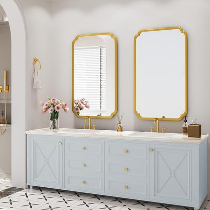 26"x40" Rustproof Bathroom Mirror Gold, Round Corner Metal Frame Wall Mirror, Horizontal/Vertical Hanging Over Sink, Bedroom Bathroom Decor