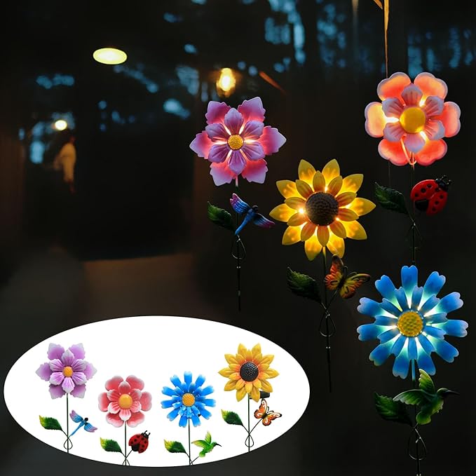 Solar Garden Stake Lights, Metal Flower Design, 4 Pc. Set for Outdoor Decor, Garden, Patio, Pathway