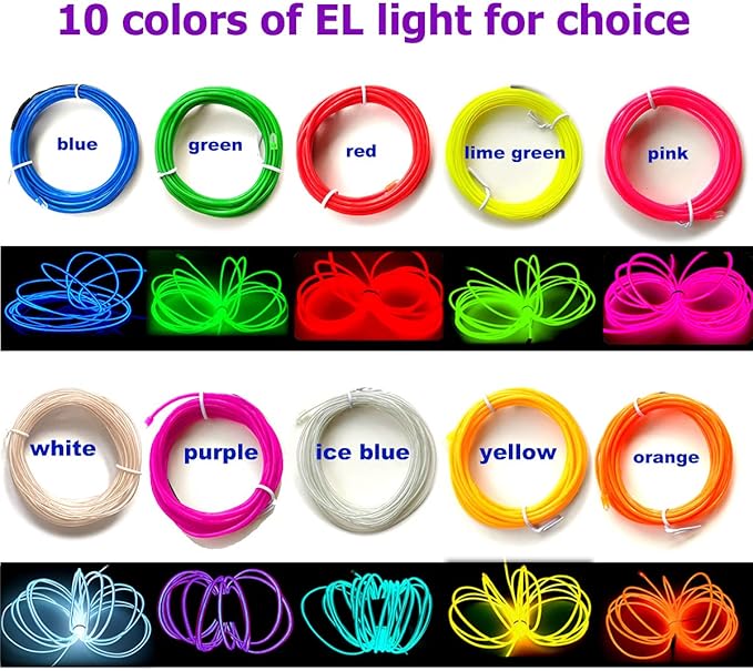 MaxLax EL Wire Pink 10-Pack, 9ft Neon Light Wire with Noise Reduction and Battery Pack…