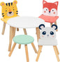 Kids Wooden Animal Table & Chair Set w 4 Seats- Tiger Panda & Fox Plus Adult Stool for Arts Crafts, Dining, Pretend Play- Durable Playroom Furniture for Home Daycare Classroom- Toddler Activity Center