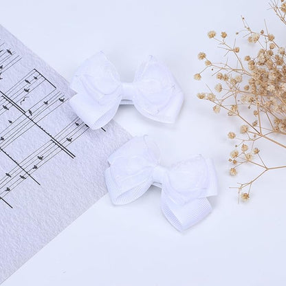 Tiny 3 Inch Organza Double Hair Bow Clips - Lined Boutique Alligator Hairpin for Baby Girls, Toddlers, and Little Teens - Kids Barrettes Set of 2 Small Stylish (White)