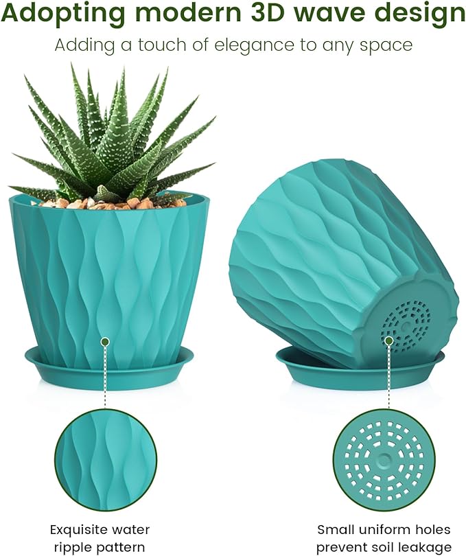 5 inch Plant Pots for Indoor Outdoor Plants, 6 Pack Flower Pots with Drainage Holes and Saucers, 3D Modern Wave Texture Small Plastic Planter Pots for Nursery and House Plants, Blue Green