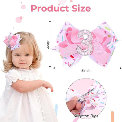 2PCS Hair Bows for Baby Girls Birthday - 3rd Birthday Hair Bow Sweet Theme with Ice Cream Party, Pink Hair Accessories for Baby Toddler 1 2 3 4 5 6 Years, Outfit & Decorations