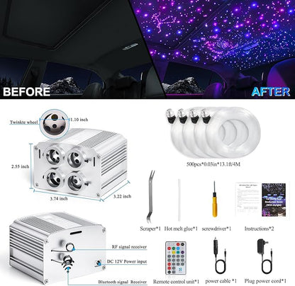 4 Colors 32W Twinkle Car Starlight Headliner Kit 500pcs*0.03in*13.1ft with APP&RF Remote, RGBW Fiber Optic Strands Star Roof Lights,4 Port Engine Sound Activated Ceiling Star Lights for Home/Car Decor