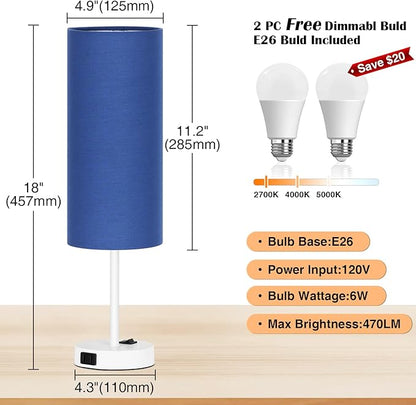 ZJOJO Table Lamp for Bedroom 2 Pack,18in Bedside Lamps with 3 Way Dimmable Rocker Switch & AC Outlet,Nightstand Desk Lamp with Blue Fabric Shade White Base for Living Room Home Decor Lights