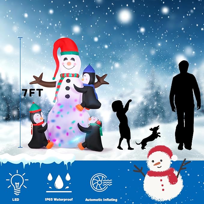 7FT Christmas Inflatable Snowman, IP65 Lighted Blow Up Snowman with LED Lights, Automatic Inflation Yard Decorations for Lawn Garden Holiday Decor