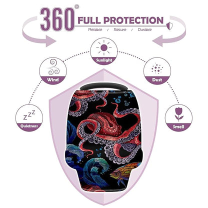 Baby Car Seat Stroller Covers Ocean Octopus Waves Fish Nursing Cover Breastfeeding Scarf Soft Breathable Stretchy Infant Car Canopy Coverage Carseat Cover for Boys and Girls Multi Use