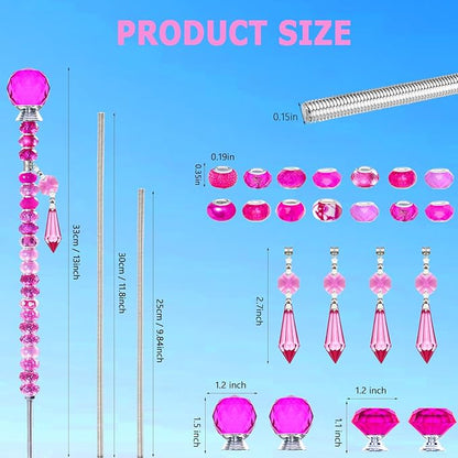 Exway 100 PCS DIY Fairy Wand Beaded Garden Stake Beads Kits with Rose Red Large Hole Beads 4 Crystal Stopper Top Threaded Rods and 4 Rose Red Sparkling Crystal Pendants for Outdoor Indoor Decor