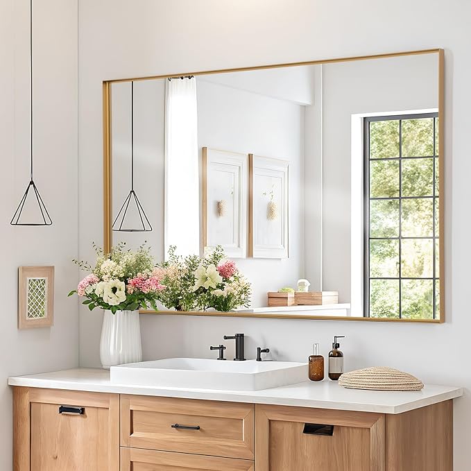Melodieux Wall Vanity Bathroom Mirror for Over Sink, 30"x48" Rounded Rectangle Metal Deep Frame Wall Mounted Mirror Wall Decor for Living Room Hallway, Gold