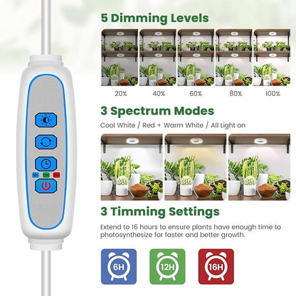 Kullsinss Plant Light, 6 Heads 12V3A Full Spectrum LED Grow Lights for Indoor Plants, 3.5" Under Cabinet Grow Lamp for Small Plants with 6/12/16H Auto Timer, 3 Spectrum Modes, 5 Brightness Levels