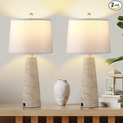 Terpsichore Nightstand Lamp Bedside Lamps Set of 2 Vintage Rustic Farmhouse Table Lamp 3 Way Dimmable Horizontal Stripe Light,for Living Room Bedroom,USB A+C (Pale Yellow, Hing 27 in)