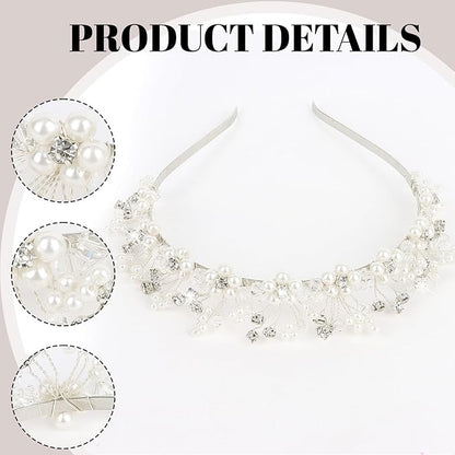 Flower Girl Wedding Headband Crystal Hair Accessories Silver Bridal Pearl Headband for Prom, Birthday, Party, and First Communion