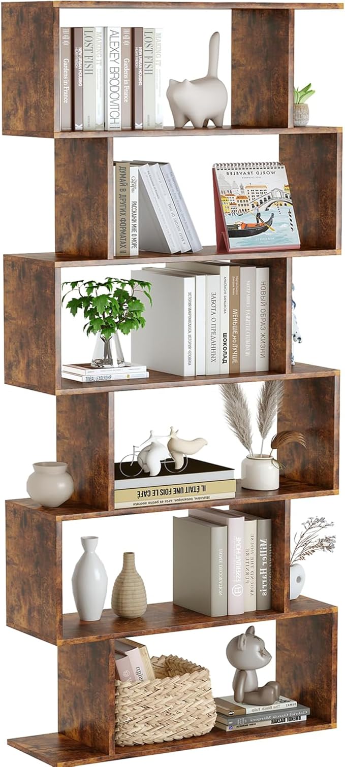 Yusong Geometric Bookcase, Bookshelf 6-Tier S Shaped Book Shelves for Bedroom, Modern Wood Decorative Display Shelf Tall Book Case for Home Office, Rustic Brown