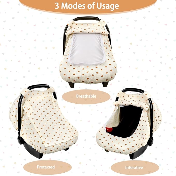 Hooyax Muslin Car Seat Cover Baby, Summer Car Seat Covers for Babies, Infants, and Newborns, Ultra Soft Breathable Universal Fit Stroller Carseat Canopy Covers for Boys Girls (Heart)