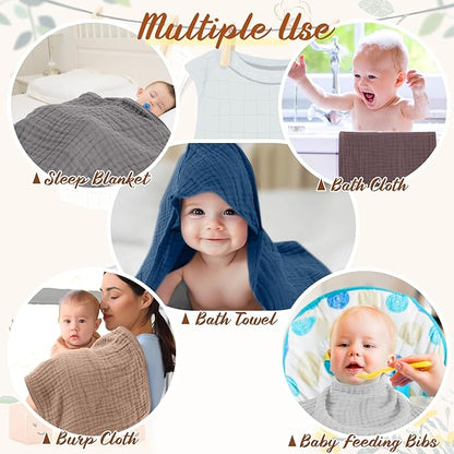 VitalCozy 12 Pcs Baby Muslin Hooded Bath Towels and Washcloths, Muslin Hooded Baby Towels Absorbent Blankets for Gift Newborn Infant Shower (Neutral Colors)