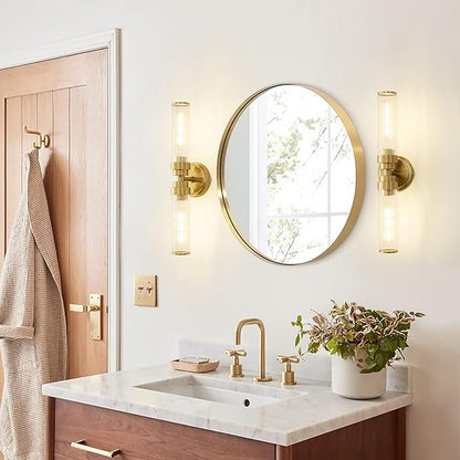 Bathroom Light Fixtures, Gold Wall Sconce in Threaded Glass Indoor Vanity Lights, Modern Bathroom Vanity Light Up and Down Sconces Wall Lighting for Bathroom, Living Room - Bulb Not Included