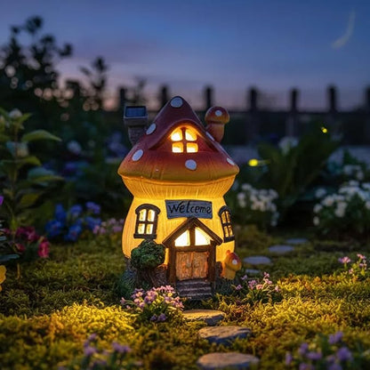 Garden Outdoor Figurines Statue with Solar Lights,Solar Mushroom House Decorations for Yard Outdoor Garden, Patio Yard Lawn, Gifts for Girls Birthday Housewarming Mother's Day (Mushroom House)
