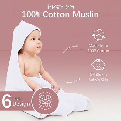 MOON PARK 2 Pack Muslin Hooded Baby Bath Towels for Newborns, Infants, Toddlers - 100% Cotton - Large 32x32Inch Size - Highly Absorbent and Essential, White and Aqua