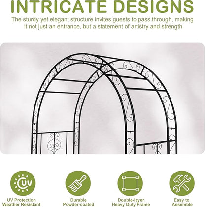 Outvita 7FT Garden Arch Arbor with Entry Door, Heavy Duty Metal Arbour Archway, Decorative Frame Stand Trellis with Ground Stakes for Wedding Ceremony Party Plant Climbing Rose Vines Patio Black