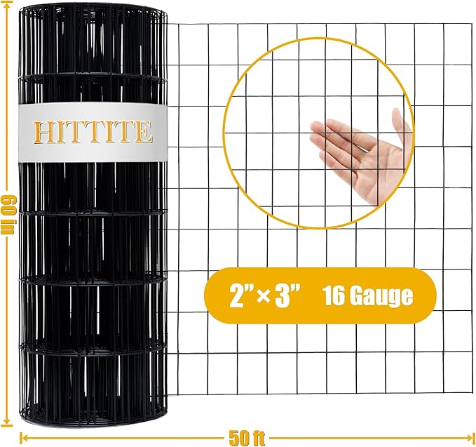 Black PVC Coated Welded Wire Fencing, 60in High x 50ft Long, 2 inch x 3 inch 16GA 2/3/4/5/6 Ft Tall Welded Wire Fence Rolls, Black Metal Garden Fence Wire Roll Garden Fencing for Yard