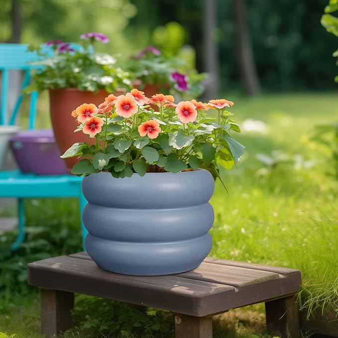 SQOWL 10 Inch Plant Pot Indoor - Ceramic Plant Pot with Drainage Hole Large Outdoor Planter Unique Flower Pot Modern Round Planter for Front Door Decor Gray