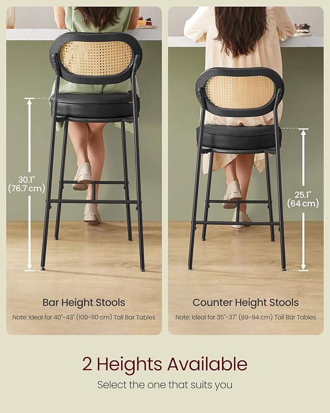 VASAGLE Bar Stools Set of 2, Bar Height Stools with Rattan Back and Metal Legs, 25.1-Inch Tall Counter Chairs, Modern Leather Upholstered Barstools for Kitchen Island Dining Room, Ink Black