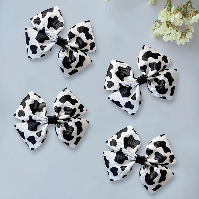 Cow Print Hair Bow Clips for Girls,Cute Moo Cow Hair Barrettes Hand-made Grosgrain Ribbon Hair Bows Pink Cow Bow Alligator Clips Hair Accessories for Toddlers Baby Little Girls Kids Teens (4Pcs Black)