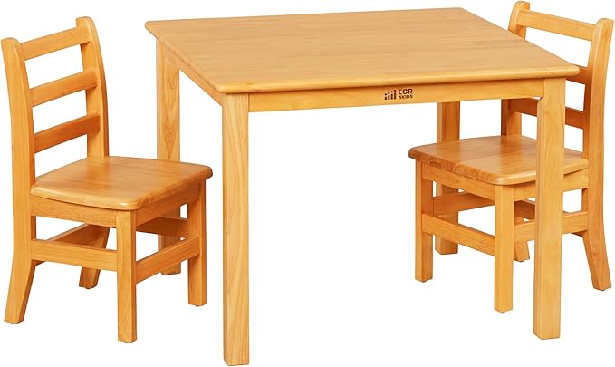 ECR4Kids 30in x 30in Square Hardwood Table and Chair Set, 12in Seat Height, Kids Furniture, Honey