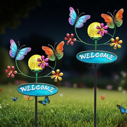 Solar Garden Stakes Metal Welcome Signs for Outside 28.1' - 2 Flying Butterflies with Cracked Glass Ball,Decorative Garden Stakes for Lawn, Patio, Butterfly Gifts for Women