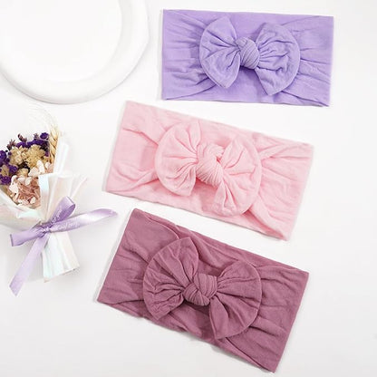 JOYOYO 3 Colors Soft Wide Turban Baby Headbands with 4.5 inches Hair Bow Headbands for Baby Girls Infants Newborn Hair Accessories Toddlers Kids and Children(Pink Purple Purple)