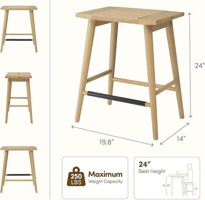Thor Wicker Counter Height Wooden Counter Stool with Hand-Knitted Rope, K/D, Backless Island 24" Wicker Stool for Kitchen, Light Oak, Solid Wood, Eco-Friendly, Modern Design (Light Oak)