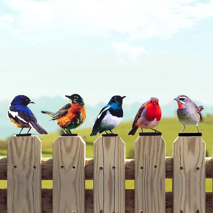 HUYIENO 5PCS Vivid Metal Birds Fence Decor Color Painted Outdoor Garden Natural Bird 2D Sculptures for Outdoor Fences, Patio, Garden and Bird Lovers