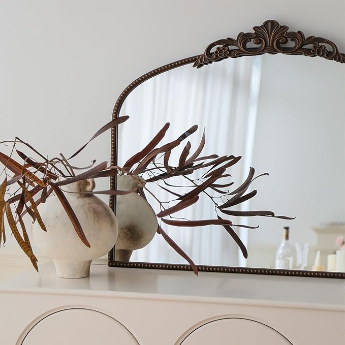 Micasso Bronze Vintage Arched Mirror: 29x36 in French Baroque Antique Wall Mounted Mirror - Traditional Ornate Decorative Mirror for Mantle/Fireplace/Living Room/Bedroom/Entryway/Hallway/Wall Decor