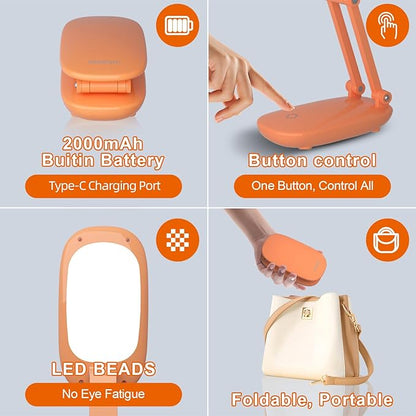 Akejrym LED Desk Lamp for Office Home & Battery Operated Lamp Rechargeable Lamp Foldable & Portable Light, [2-Fold Bracket] 3 Brightness Dimmable Small Desk Lamp Wireless Reading Lamp (Orange)