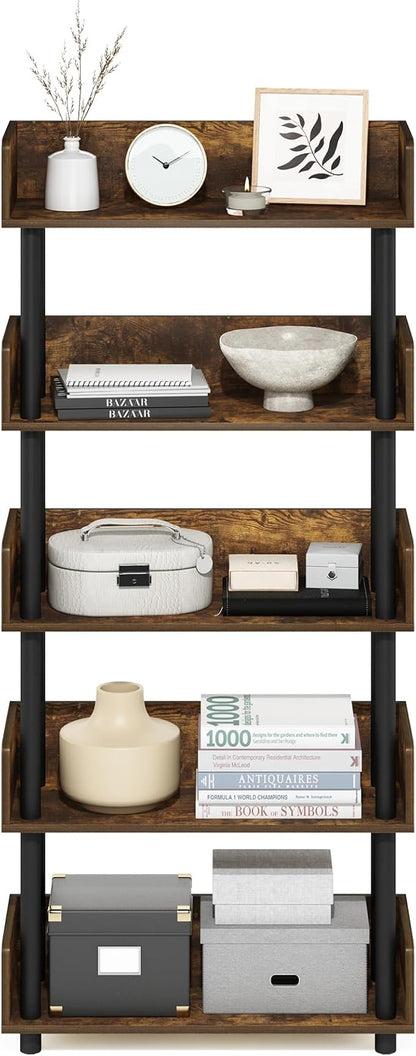 Furinno Turn-N-Tube 5-Tier Multipurposes Display Rack, Open Shelf Rack/Storage with Back & Side Panel, Amber Pine/Black