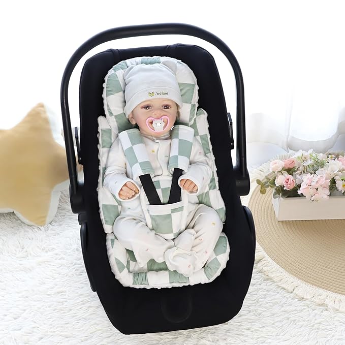 DILIMI Infant Car Seat Insert, Baby Car Seat Head Support with 3 Strap Paddings, Soft Newborn Car Seat Cushion for Stroller, Swing, Bouncers, Green Checkered