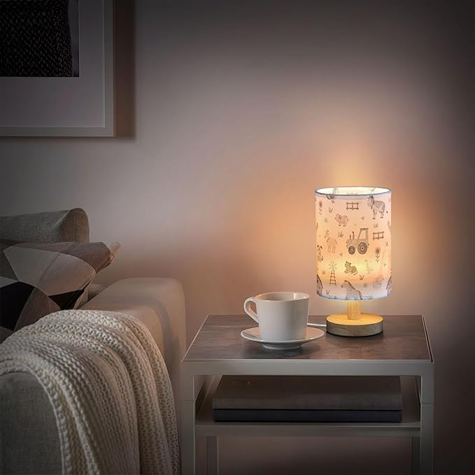 Farm Animal House Car Windmill Cow Sheep Pig Horse Dog Cat Goose Hen Table Lamp with Wood Base Fabric Lamp Shade Bedside Nightstand Desk Lamp for Living Room Bedroom Kids Room Office