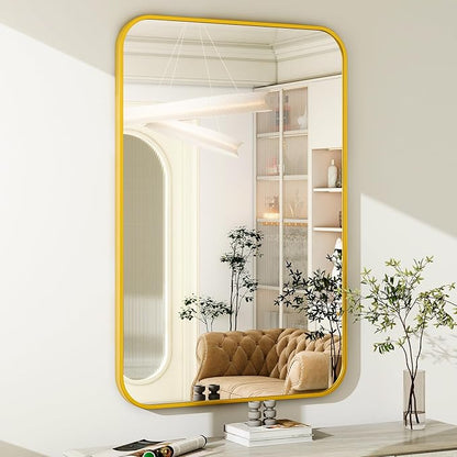 26 x 38 Inch Bathroom Mirror, Rounded Rectangular Vanity Mirror for Wall, Modern Mirror for Room Decor, Gold Framed Wall-Mounted Mirrors for Home Decor, Hangs Horizontally or Vertically
