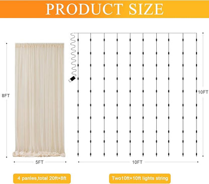 Fomcet Tulle Curtains with Lights String Champagne 20FT X 8FT Sheer Backdrop Curtains for Parties Wedding Baby Shower Photo Shoot Decorations (4 Panels 5x8FT)