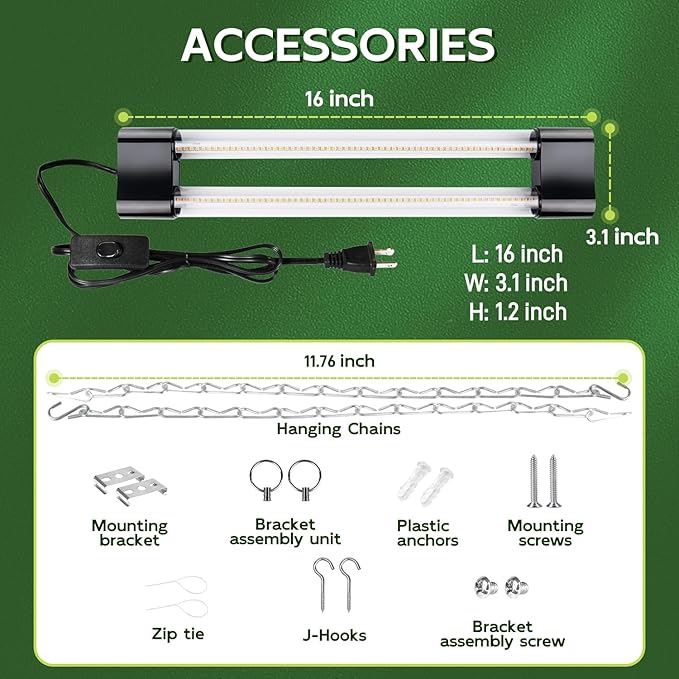 Hlite 16inch 4 Pack LED Grow Lights - Linkable Grow Lights for Indoor Plants, Full Spectrum Plant Lights Plug and Hanging Design with On/Off Switch Hanging Grow Light from seedling to Flowering, Black