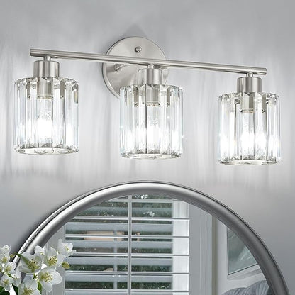 Crystal Bathroom Light Fixtures, Bathroom Lighting Fixtures Over Mirror, Modern 3-Light Brushed Nickel Vanity Lights for Mirror, Restroom, Kitchen(Ceramic E26 Socket,Bulbs Not Include)