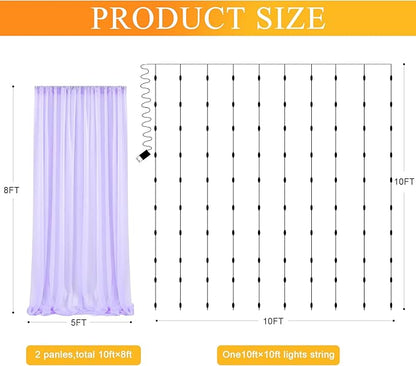 Fomcet Lavender Tulle Backdrop Curtains with Lights String 10FT X 8FT Sheer Curtain with Lights Tulle Curtains Backdrop for Wedding Birthday Party Photo Shoot (2 Panels 5x8FT)