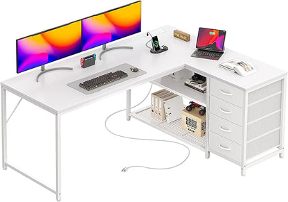 PRAISUN 53" L Shaped Desk with Power Outlets and USB-C Port, Reversible Computer Corner Office Desk with 4 Fabric Drawers and 2 Height-Adjustable Shelves, Large for Gaming Writing Work Study, White