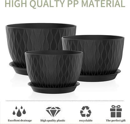 12/10/9 Inch Plant Pots, 3 Pack Large Flower Pots for Indoor and Outdoor Plants with Water Ripples, Large Plastic Flower Pots with Drainage Holes and Tray for Garden Indoor Plants