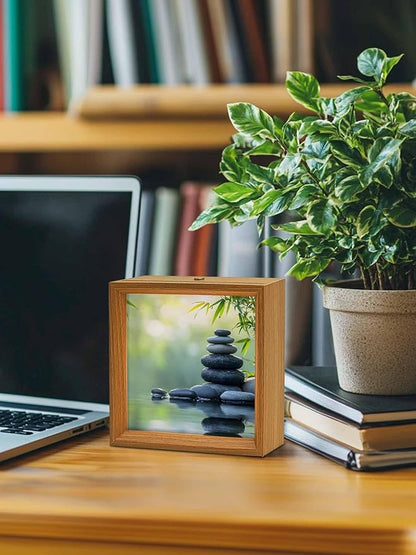 Wood Night Light Box 4.5x4.5in,Zen Meditation Stone Lake Table Lights Wooden Picture Frame with USB Rechargeable Touch LED Lights for Home Decor Desktop Display,Nature Landscape Still Life