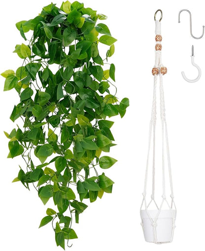BLEUM CADE 1pcs Fake Hanging Plants Kit with Pot and Plant Hanger, Artificial Pothos Vines Hanging Potted Plant Greenery for Home Living Room Indoor Outdoor Decor