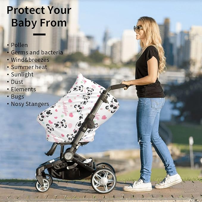 Personalized Baby Car Seat Cover for Girls, Custom Panda Pink Nursing Covers for Breastfeeding with Name, Infant Stroller Cover, Baby Carseat Canopy for Newborn, Multiuse Car Seat Canopies